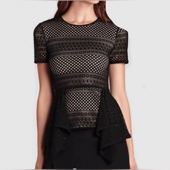 BCBGMaxAzria Vicktoria Mixed Knit Peplum Top Women's Large Black And Cream - Picture 1 of 10